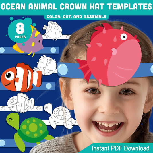 Ocean Animal Crown Hat Templates, Fun Printable Headband Craft for Kids – 8 Pages with Pre-Colored + Black & White, PDF for Teachers & Parents