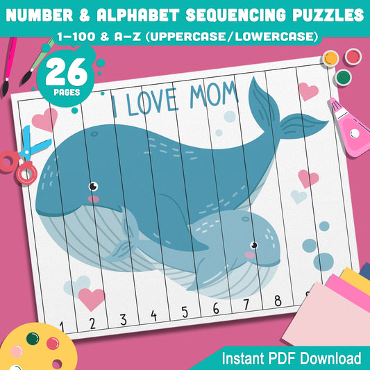 Mother’s Day Themed Number & Alphabet Sequence Puzzles: 1-100 and A-Z (Upper & Lowercase), Printable for Preschool and Kindergarten Activities