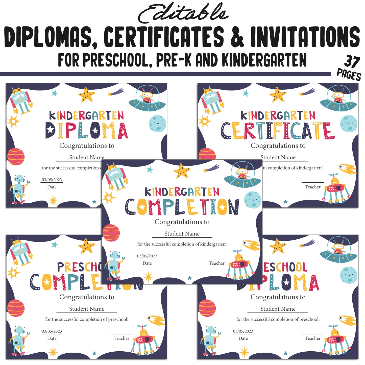 Printable and Editable Kindergarten, Pre-K, and Preschool Completion Certificates, Diplomas & Invitations, PDF Files, Instant Download