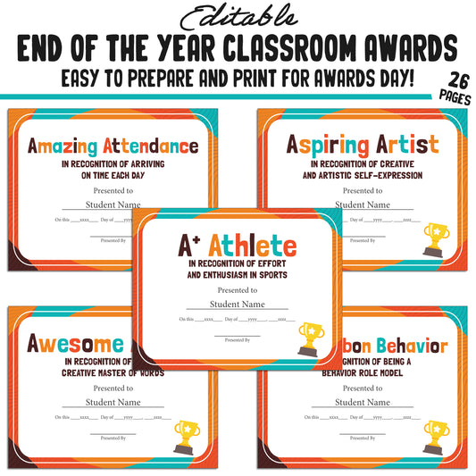 Editable Class Superlative End-of-Year Student Awards, 26 Pages, PDF, Instant Download – Perfect for Classroom and Student Achievements.