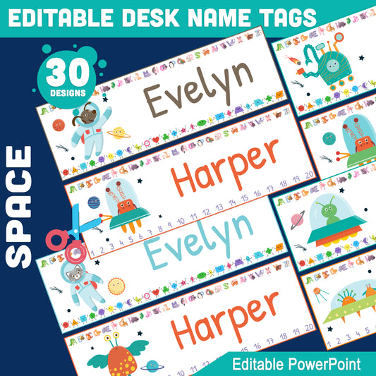 Space-Themed Desk Name Tags for Students – 30 Editable Designs with Alphabet, Shapes & Numbers 1-20, 10"x3.25", 2 Per Page, PowerPoint Download