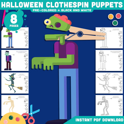 Halloween Fine Motor Craft, Printable Clothespin Puppets, Zombie, Mummy, Witch and Frankenstein