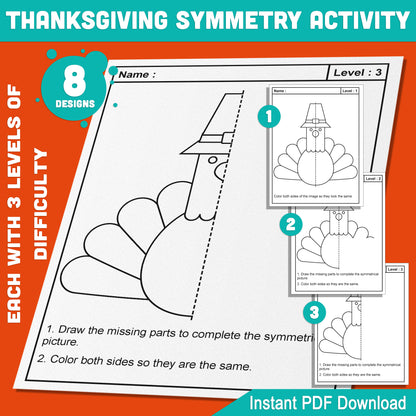 Thanksgiving Symmetry Worksheets: 24 Pages of Fun Lines of Symmetry Activities with 8 Engaging Designs, 3 Difficulty Levels, Instant Download