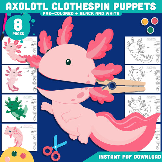 Axolotl Clothespin Puppets, Color Cut and Create Animal Craft, Printable Puppet Activity, Instant PDF Download