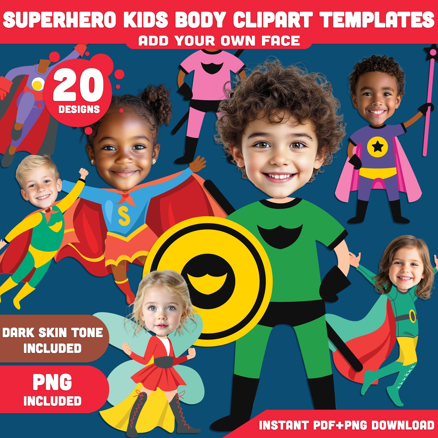 Superhero Kids Body Clipart Templates – Add Your Face to 20 Fun Hero Designs for Boys & Girls! Light + Dark Skin, PDF + PNG Instant Download