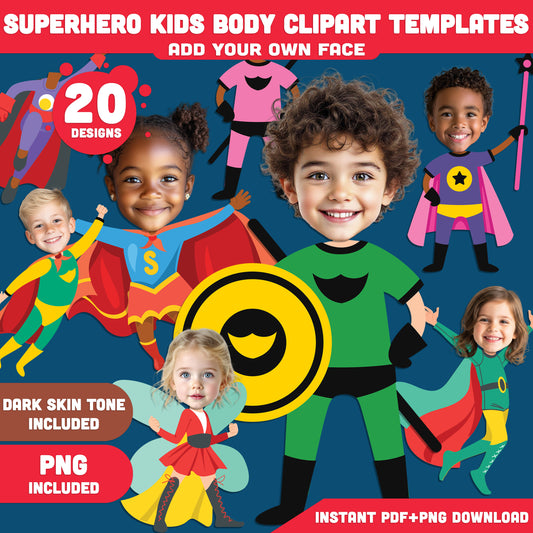 Superhero Kids Body Clipart Templates – Add Your Face to 20 Fun Hero Designs for Boys & Girls! Light + Dark Skin, PDF + PNG Instant Download