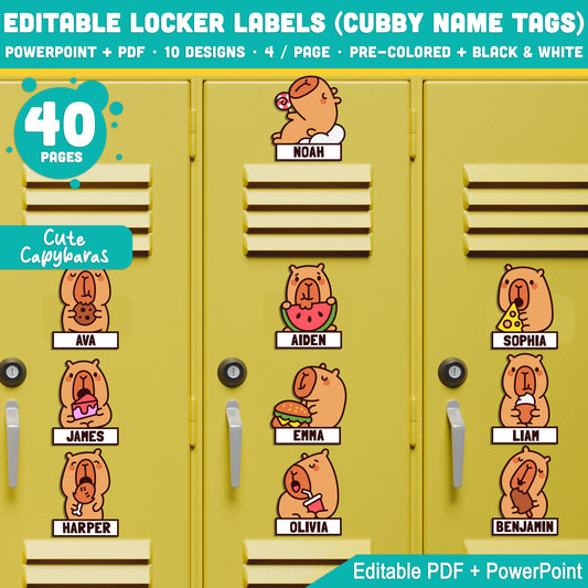 Editable Cubby and Locker Name Tags, Capybara Themed – Pre-Colored + Black & White, PDF + PowerPoint, Easy to Customize