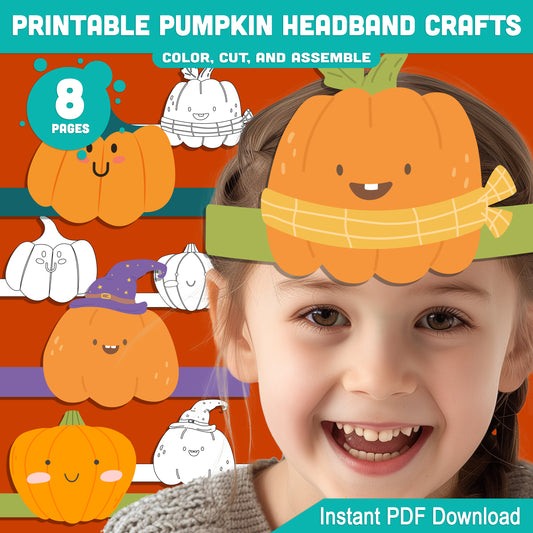 Printable Pumpkin Headband Crafts, Autumn Paper Crown and Hat Coloring Activity, Cut, Color & Wear for Kids, 5 Designs, Pre-colored + Black & White, PDF Download