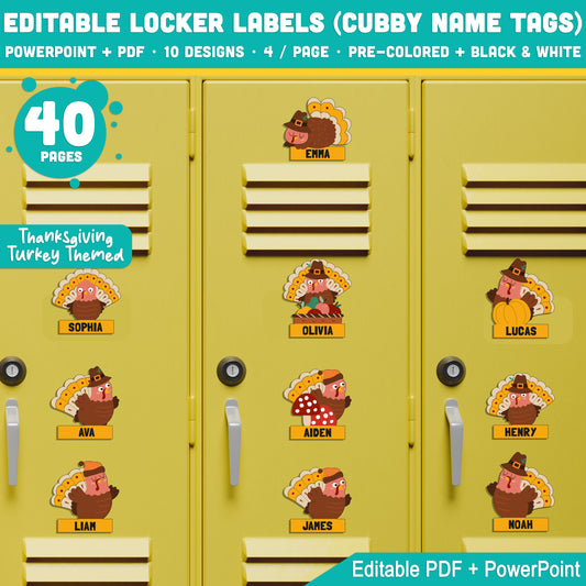 Editable Locker Labels (Cubby Name Tags) in Cute Thanksgiving Turkey Themed, 40 Pages, Pre-Colored + Black & White, PDF + PowerPoint, Fall Classroom