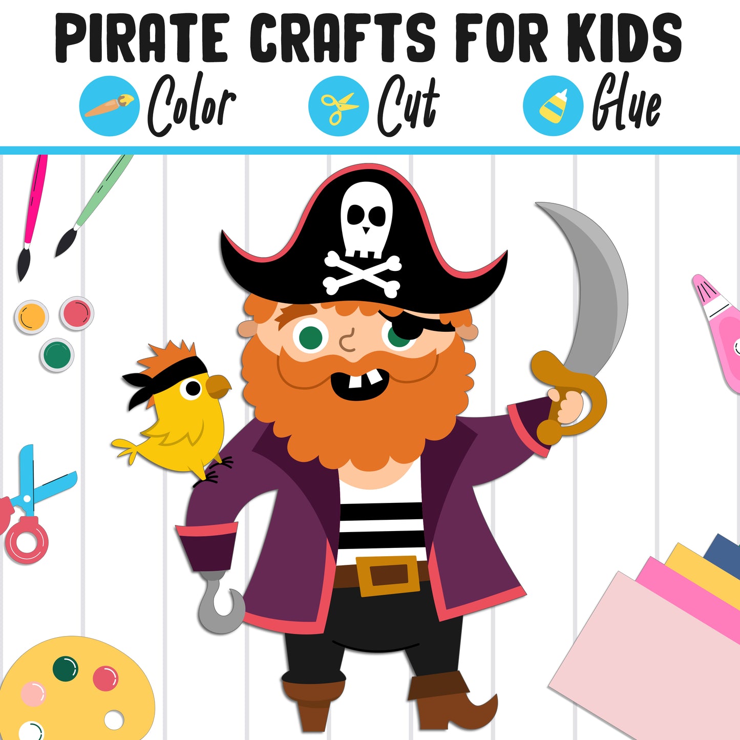 Pirate Crafts for Kids: Color, Cut, and Glue, a Fun Activity for K to 2nd Grade, PDF Instant Download