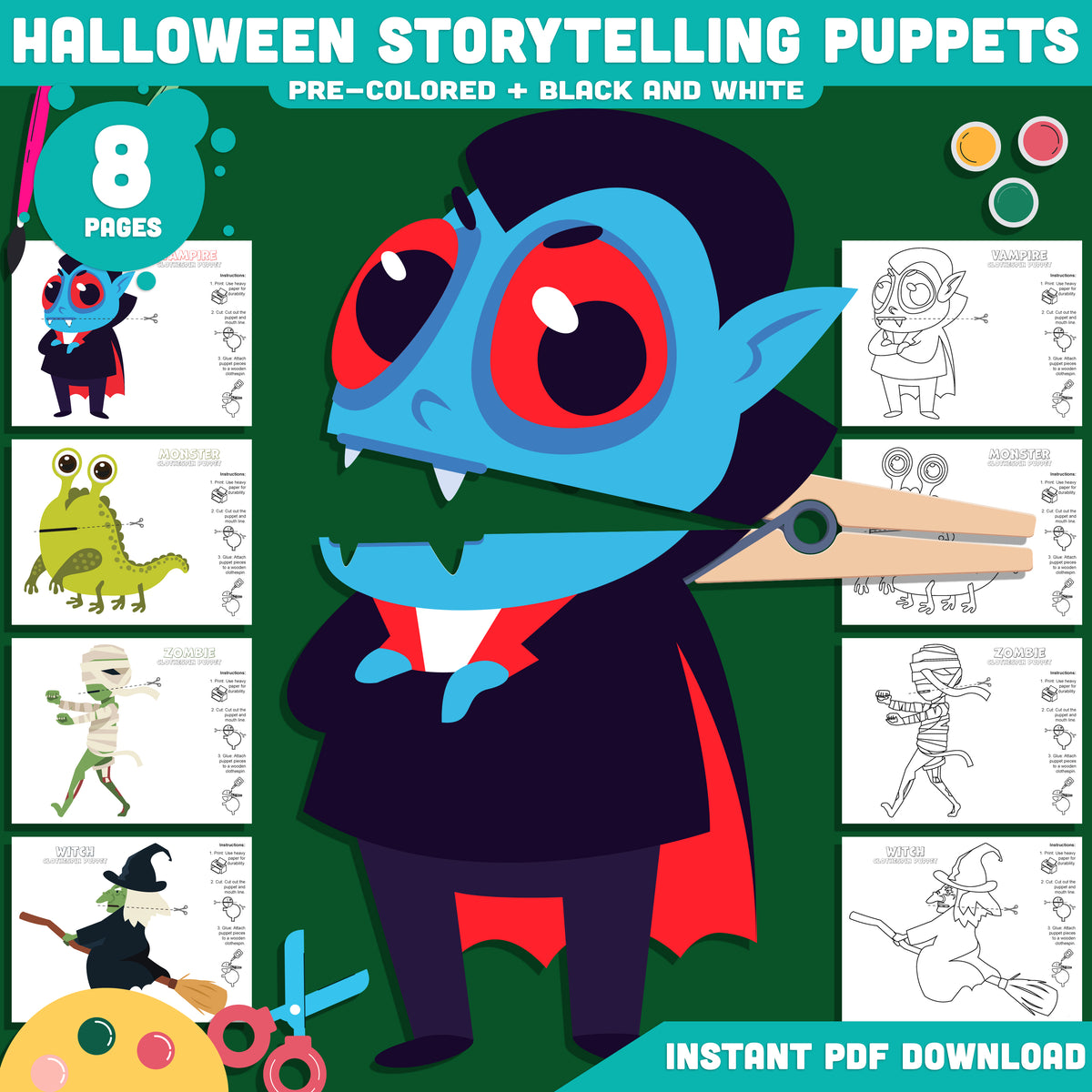Halloween Clothespin Puppet Craft for Kids, Vampire, Monster, Witch and Zombie