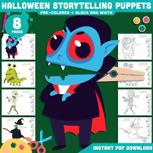 Halloween Clothespin Puppet Craft for Kids, Vampire, Monster, Witch and Zombie