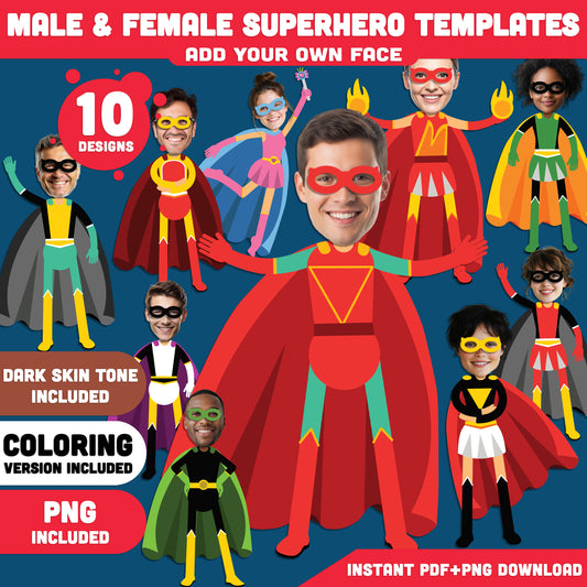 Male & Female Superhero Templates – Design Your Own Hero, Add Your Face Craft, 10 Unique Designs Light + Dark Skin Tone, Coloring Version Included, PDF + PNG