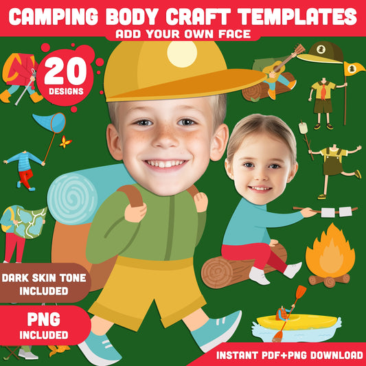 Camping Body Craft Template for Kids with Body Clipart, Cut and Paste Activity, Add Your Face, Instant PDF + PNG, Light + Dark Skin Tone Included