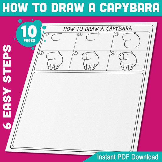 Capybara Drawing Tutorial for Kids: 5-Page Step-by-Step Guide with Fun Coloring Pages, PDF Instant Download, Perfect for Young Artists and Beginners