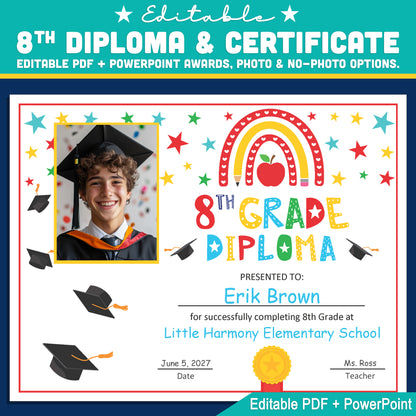 Editable 8th Graduation Diploma & Certificate Set, Rainbow Stars Graduation Awards, Photo or No-Photo Options, Edit in PDF, PowerPoint, Canva