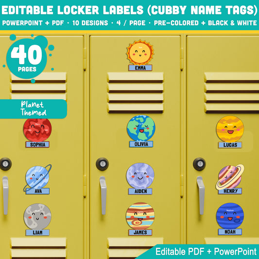 Editable Locker Labels (Cubby Name Tags), Solar System Planets, Back to School Craft, PDF + PowerPoint, 40 Pages, Pre-Colored + Black & White