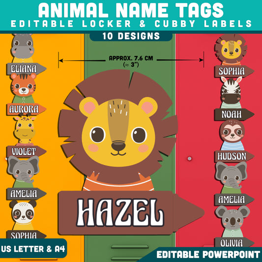 Animal Name Tags, Editable Locker & Cubby Labels, Personalized Classroom Organization, PowerPoint, 10 Designs, Student Spaces, US Letter, A4