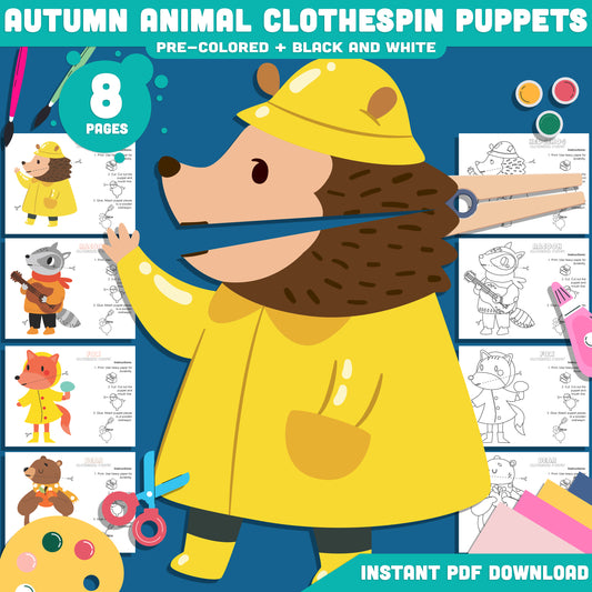 Autumn Animal Clothespin Puppets for Kids: 8-Page Craft Activity Featuring Hedgehog, Bear, Raccoon, Fox, Pre-Colored and Black & White Printables