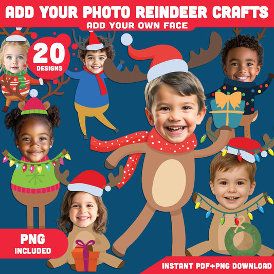 Add Your Photo Reindeer Crafts – Winter Add-Your-Face Templates, 20 High-Resolution PDF + PNG Designs for Classroom Crafts, Home Projects, Early Finishers, and Seasonal Activities