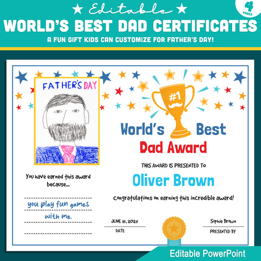 Father’s Day Awards Certificates – Creative Gift for Dad, Editable PowerPoint, Includes Blank Pages for Kids' Summer Stories & Adventures
