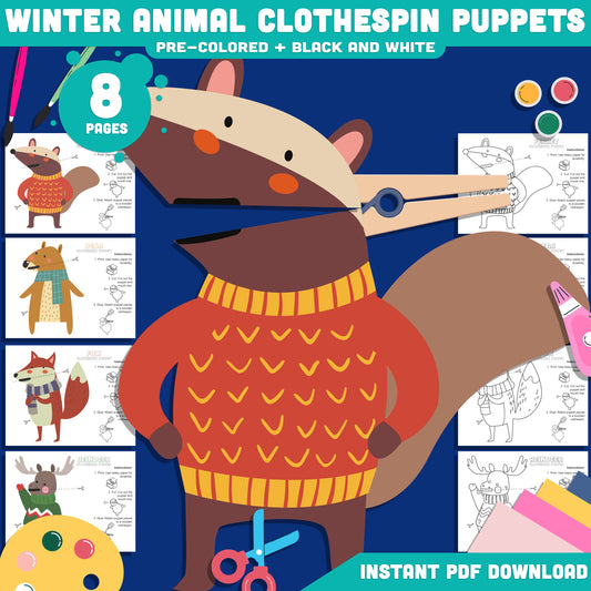 Printable Winter Animal Clothespin Puppets – Winter Classroom Craft for Preschool & Kindergarten, Early Finisher Coloring Activity, 5 Designs, PDF Instant Download