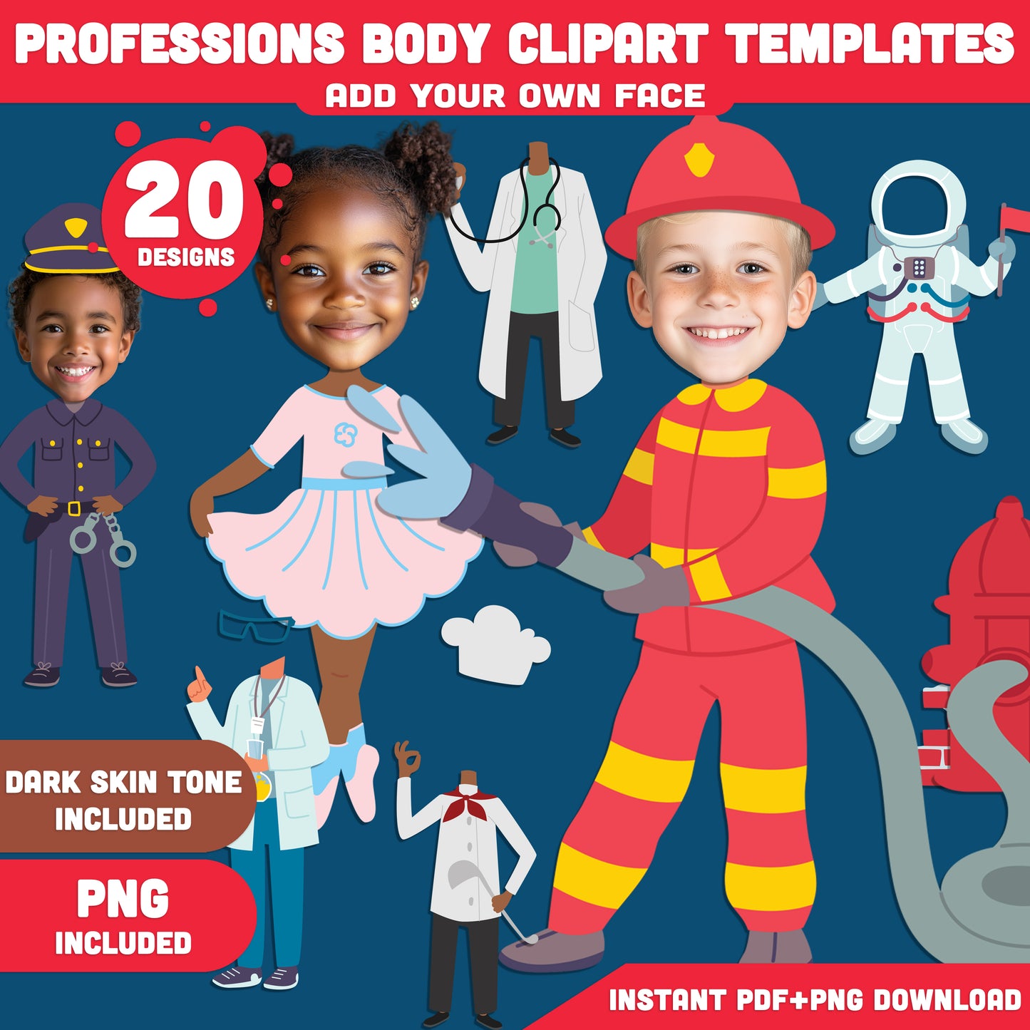 Professions Body Clipart Templates – Add Your Face to Fun Career Designs, Light + Dark Skin Tones, PDF + PNG Instant Download