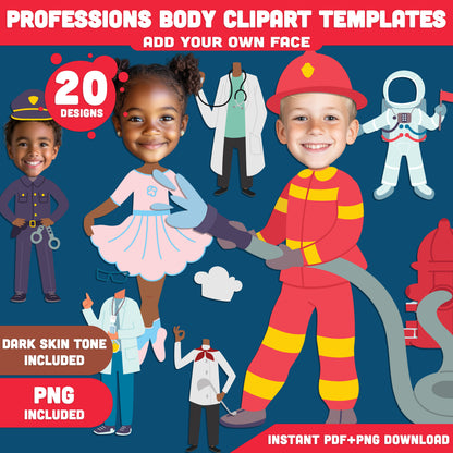Professions Body Clipart Templates – Add Your Face to Fun Career Designs, Light + Dark Skin Tones, PDF + PNG Instant Download