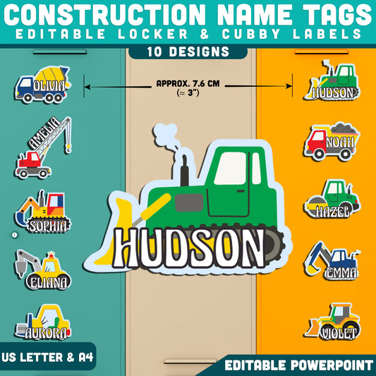 Construction Name Tags, Editable Locker & Cubby Labels, Fun Classroom Organization, PowerPoint, 10 Designs, Student Areas, US Letter, A4
