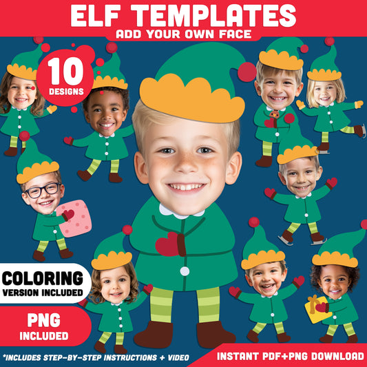 Elf Templates, Christmas Add Your Own Face Craft, PDF + PNG Files, Coloring Version Included, 10 Unique Designs for Kids