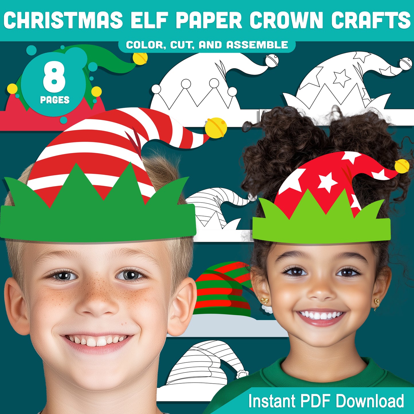 Printable Christmas Elf Paper Crown Crafts, Fun Winter Hat and Headband Activity, Christmas Play Paper Hat to Color, Cut & Assemble, 4 Designs, Pre-color + Black & White, Instant PDF Download