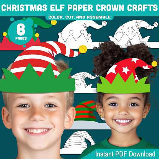 Printable Christmas Elf Paper Crown Crafts, Fun Winter Hat and Headband Activity, Christmas Play Paper Hat to Color, Cut & Assemble, 4 Designs, Pre-color + Black & White, Instant PDF Download