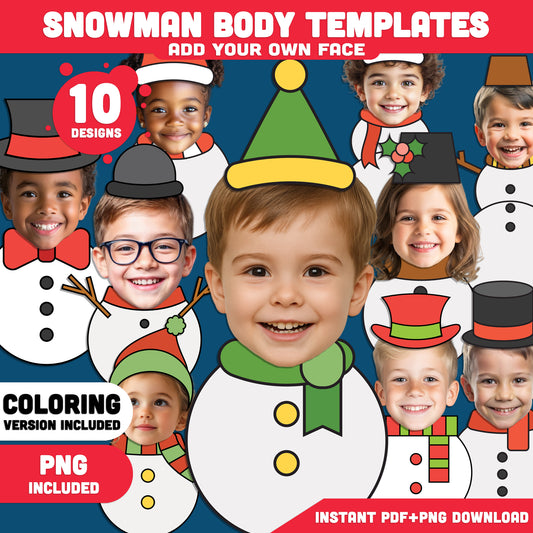Snowmen Add Your Own Face Crafts – Winter Body Templates, 10 Designs, High-resolution PDF + PNG Files, Coloring Version Included for Home, School, and Winter Activities