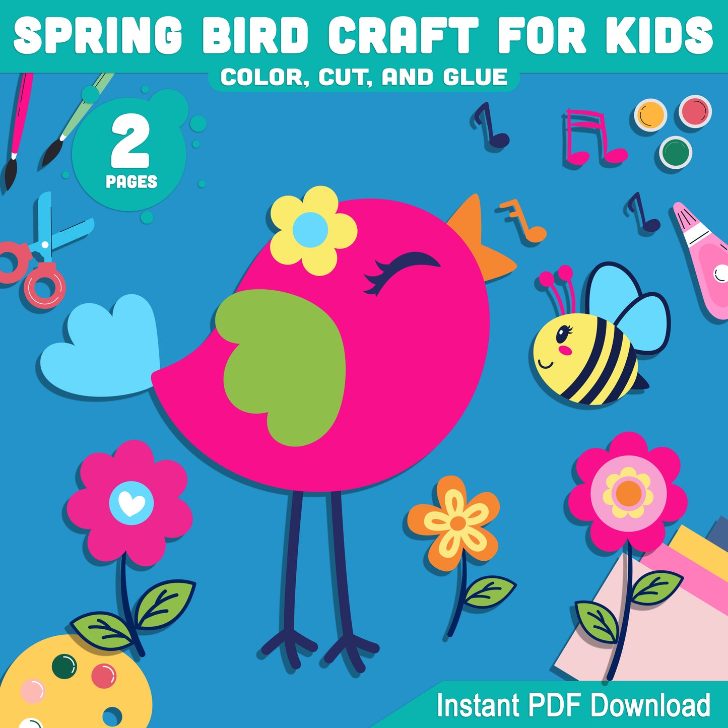 Spring Bird Craft for Kids: DIY Color, Cut, and Glue Art Activity for Spring, Encouraging Creativity and Learning, Instant Download Available