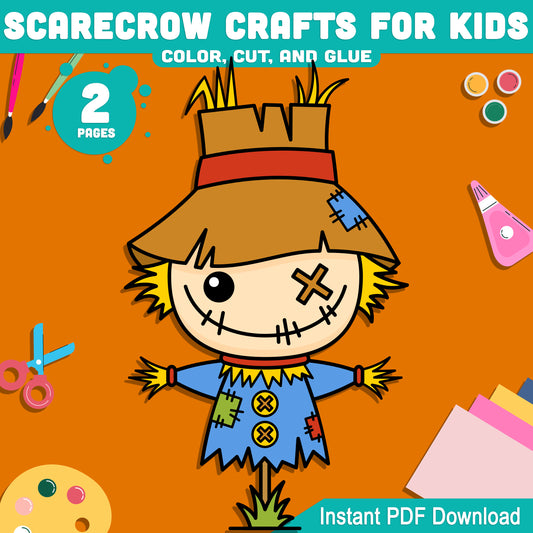 Fun Scarecrow Craft for Kids: Easy Color, Cut, and Glue Project for Fall or Halloween Art, 2-Page PDF Instant Download for Kids’ Seasonal Creativity