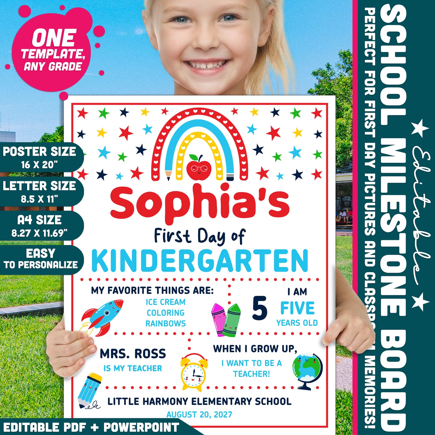 Printable School Milestone Board, Editable Back to School Poster, First & Last Day School Sign, Classroom Photo Board