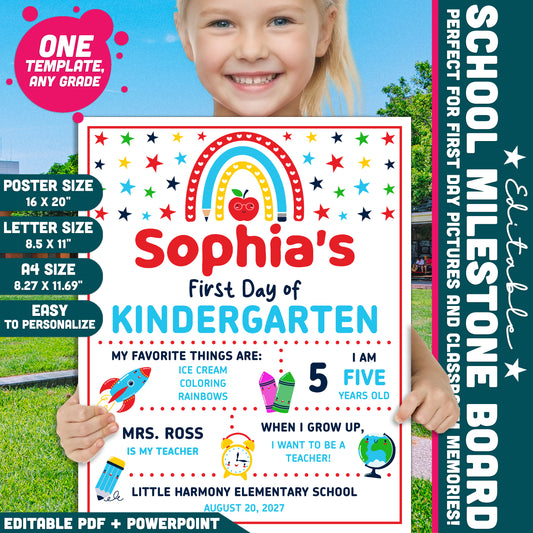 Printable School Milestone Board, Editable Back to School Poster, First & Last Day School Sign, Classroom Photo Board