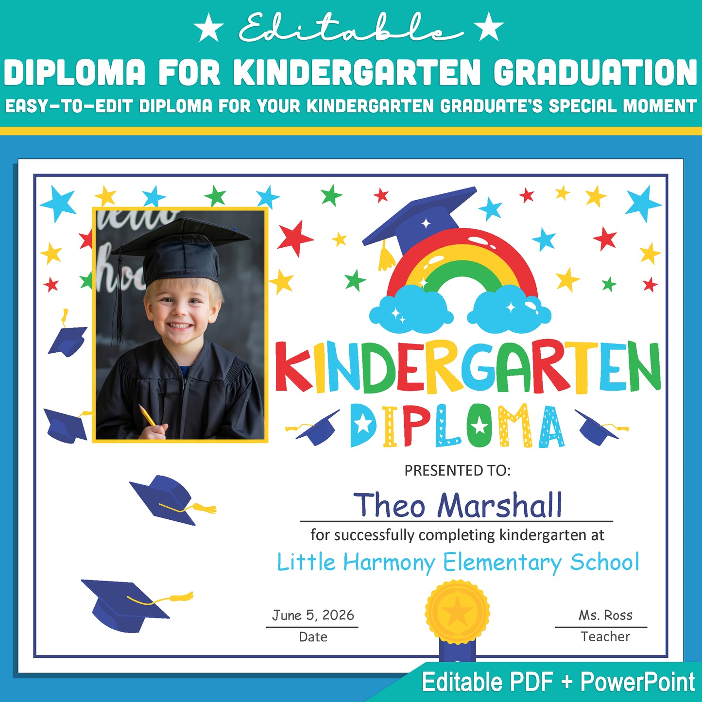 Editable Kindergarten Diploma with Photo: Customizable Letter Size PDF + PowerPoint for Celebrating End of Year Graduation Ceremonies