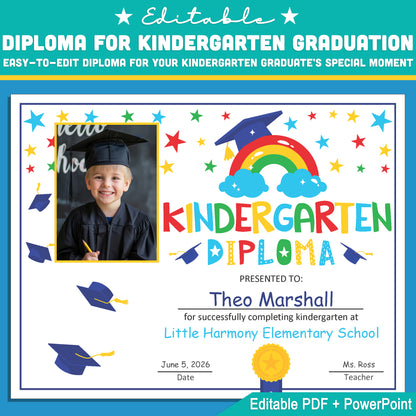 Editable Kindergarten Diploma with Photo: Customizable Letter Size PDF + PowerPoint for Celebrating End of Year Graduation Ceremonies