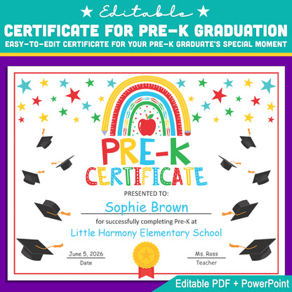 Customizable Pre-K Graduation Diploma Certificate Template: Editable Letter Size PDF + PowerPoint, Perfect for End of Year and Last Day of School Events!