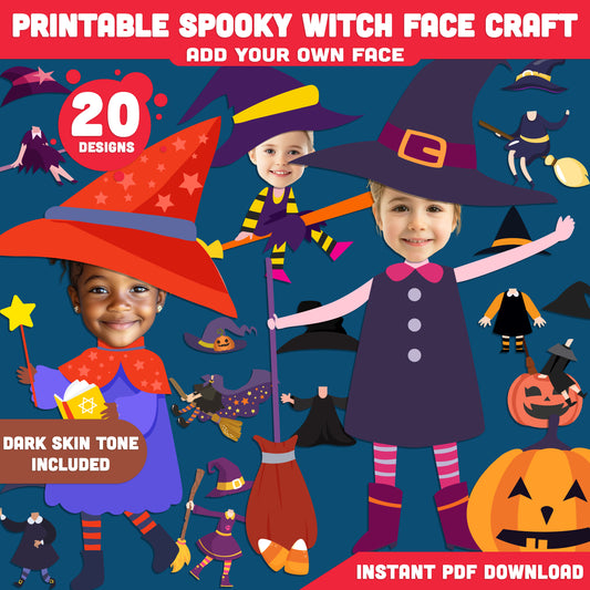 Printable Halloween Witch Add Your Own Face Crafts, 20 Creative Templates – Dark Skin Tone Included, Fun Halloween Classroom Activity