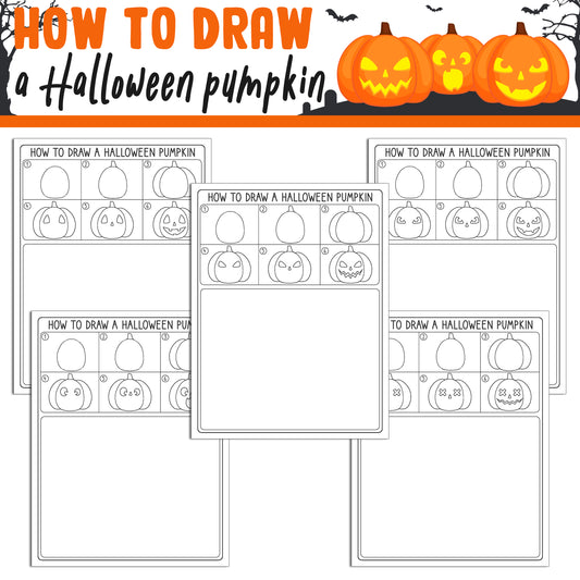 How to Draw a Halloween Pumpkin Easy for Kids, Directed Drawing Step by Step Tutorial, Includes 5 Coloring Pages, PDF File, Instant Download