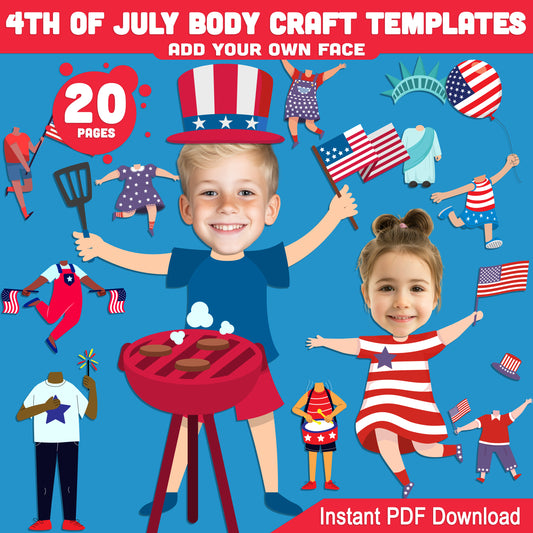 4th of July Body Craft Template for Kids – Add Face to Patriotic Body Clipart Characters, Fun Printable Project, Instant PDF Download