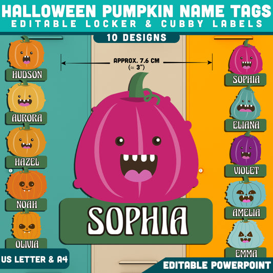 Halloween Pumpkin Classroom Name Tags, Editable Student Labels for Fall, Autumn Desk & Locker Decor, 10 Designs, US Letter & A4, PowerPoint