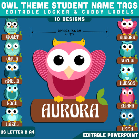 Owl Theme Student Name Tags, Editable Locker & Cubby Labels, Playful Learning Decor, PowerPoint Template, 10 Designs, School Organization, US Letter, A4