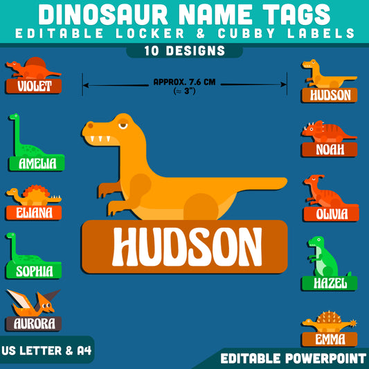 Dinosaur Name Tags, Editable Locker & Cubby Labels, Printable Classroom Organization, Editable PowerPoint, 10 Bright Designs, US Letter, A4