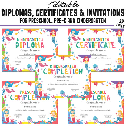 Editable Kindergarten Graduation Invitations, Pre-K and Preschool Completion Certificates, Diplomas, PDF Files, Instant Download