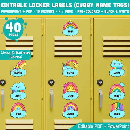Editable Cubby Name Tags and Locker Labels, Cute Cloud & Rainbow Theme, PDF + PowerPoint, 40 Pages, Pre-Colored and Black & White Versions
