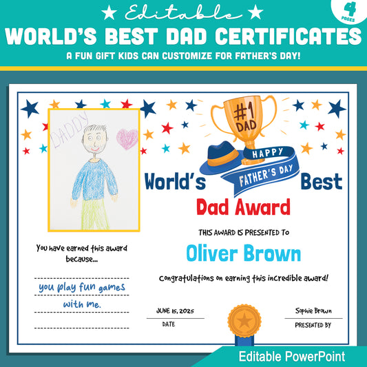 Father’s Day Awards Certificates – Editable World’s Best Dad Certificate; Fun Gift from Kids, Includes Drawing Frame, Instant Download