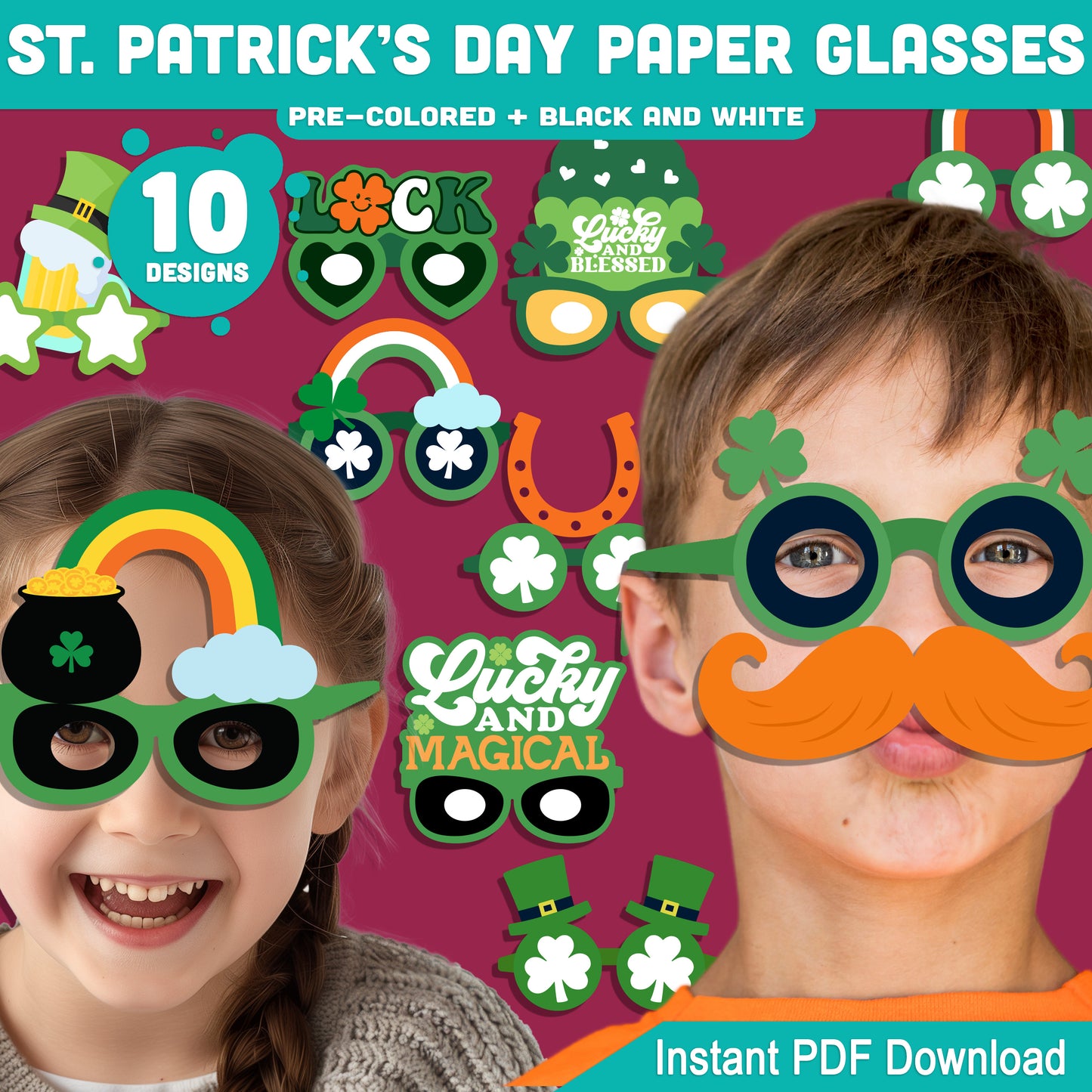 St. Patrick’s Day Glasses Craft Activity for Kids, Shamrock Paper Glasses Printable, 10 Fun Designs, Pre-Colored and Black & White Download